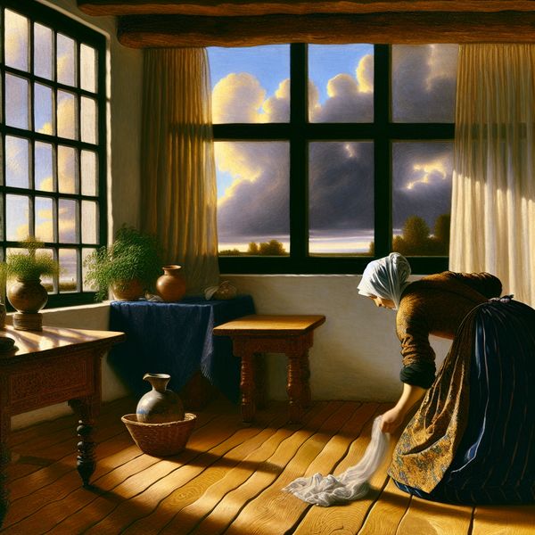 Vrouw poetst houten vloer in een serene woonkamer Vrouw die de houten vloer schoonmaakt met een doek, omgeven door een sfeervolle kamer met planten en een vaas, en een stormachtige lucht op de achtergrond.