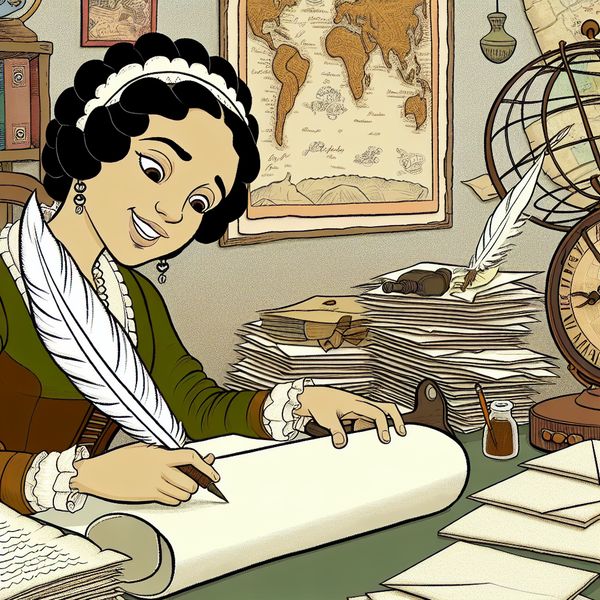 Vrouw Schrijft Brief aan Vriendin in het Buitenland Een jonge vrouw zit aan een bureau met een groot vel perkament en een veer, terwijl ze een brief schrijft. Achtergrond met wereldkaart en reissouvenirs.