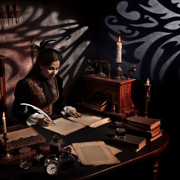 Vrouw in Victoriaanse kleding schrijft op een groot houten bureau in een gothic-stijl kamer, omgeven door schaduwen en kaarslicht.