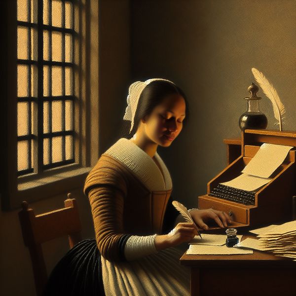 Een vrouw die aan een schrijfdesk zit en een brief schrijft, omgeven door zacht, diffuus licht.