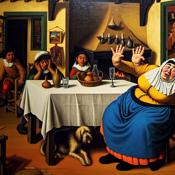 Vrouw met slappe handbeweging aan tafel in een levendige 17e-eeuwse Nederlandse omgeving.