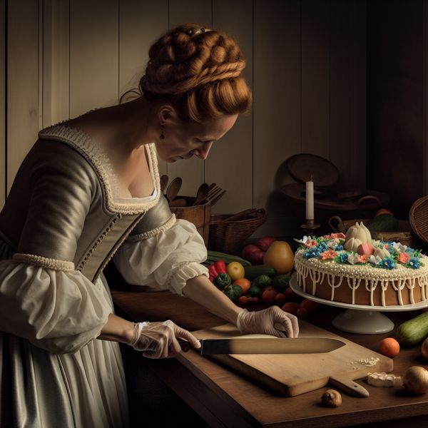 Een vrouw in historische kledij snijdt een prachtig versierde taart in stukken met een scherp mes op een houten aanrecht.