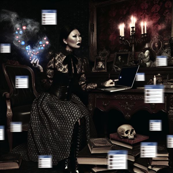 Een vrouw in een elegante vintage kantoorruimte beheert haar sociale media, omgeven door chaotische sociale media-iconen.