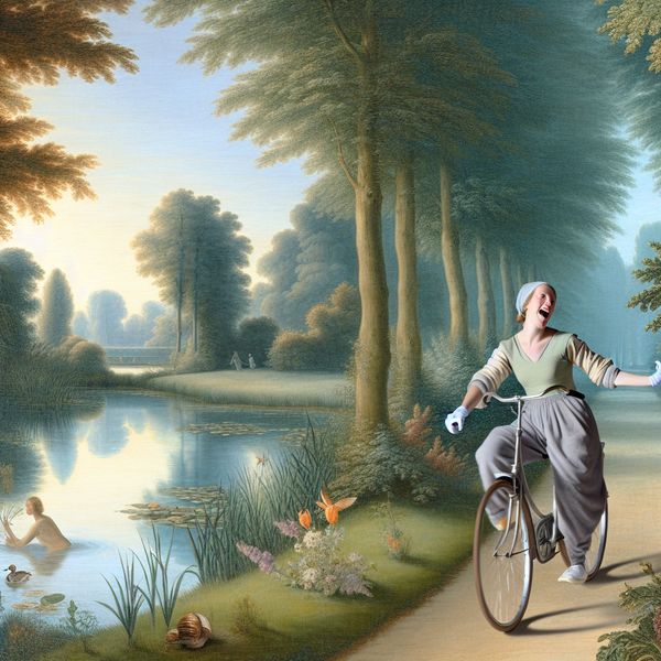Vrouw die betrokken is bij buitensporten zoals fietsen en zwemmen Vrouw fietsend en zwemmend in een serene buitenomgeving met zonlicht.