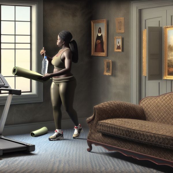 Vrouw in Sportieve Woonkamer met Conclusie Vrouw in sportkleding met waterfles en yogamat in een elegante woonkamer.
