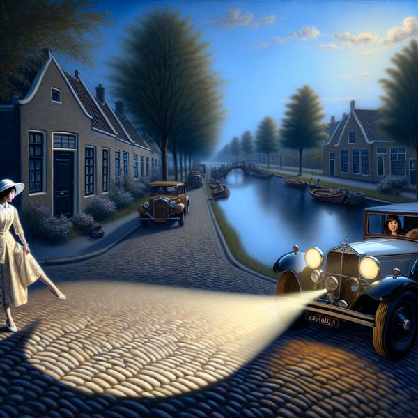 Vrouw stapt uit vintage auto op een rustige straat Een vrouw die elegant uit een vintage auto stapt op een rustige, geplaveide straat.