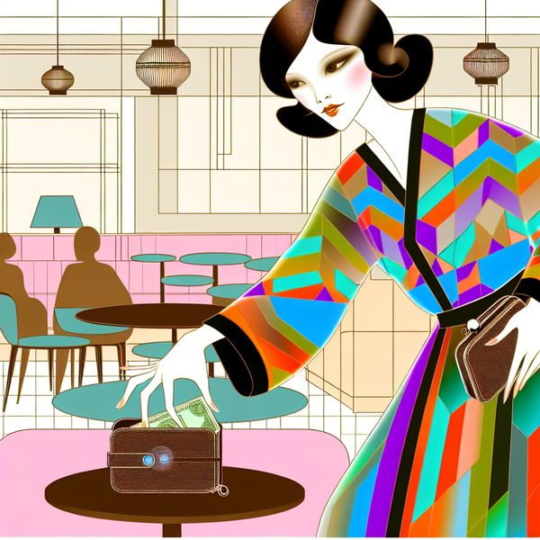 Jonge vrouw steelt in retro-futuristische café Een jonge vrouw in een geometrisch patroonoutfit steelt geld uit een portemonnee in een moderne cafésetting.