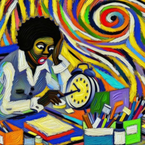 Vrouw steelt tijd aan een rommelig bureau Abstracte afbeelding van een vrouw aan een rommelig bureau, omringd door kantoorbenodigdheden, met smeltende klokwijzers.