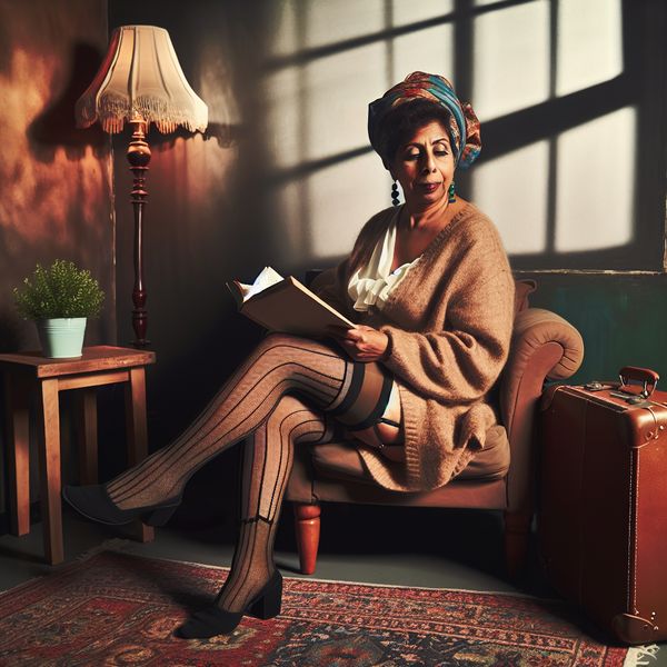 Vrouw in steunkousen in een gezellige woonkamer Vrouw in een gezellige kamer met steunkousen, die een boek leest met een koffer naast zich.