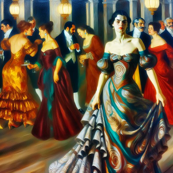 Stijlvolle vrouw in jurk op luxe feest Vrouw in een stijlvol, vloeiend jurk op een luxe feest met elegant geklede gasten op de achtergrond.
