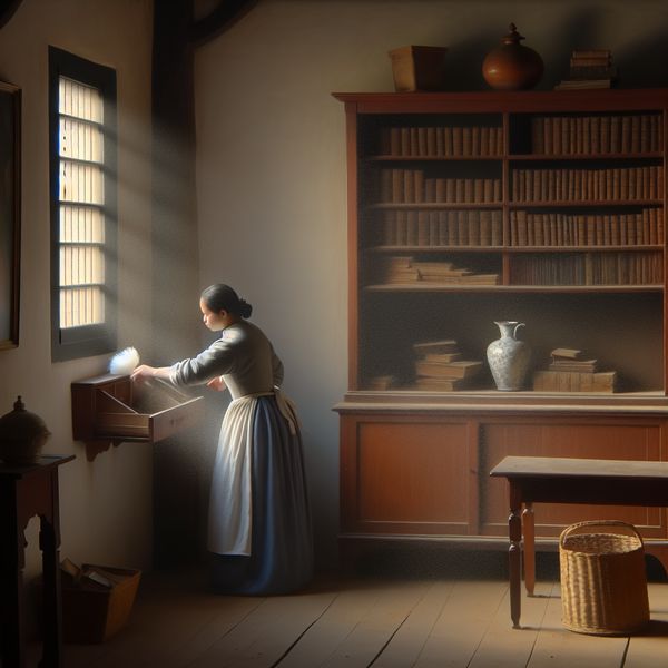Vrouw die voorzichtig stof afneemt van een houten boekenplank in een rustige, door natuurlijk licht verlichte kamer, in de stijl van Johannes Vermeer