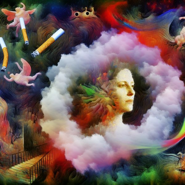 Een vrouw omringd door rook, die het roken achter zich laat in een surrealistische omgeving met vreemde wezens en levendige kleuren.