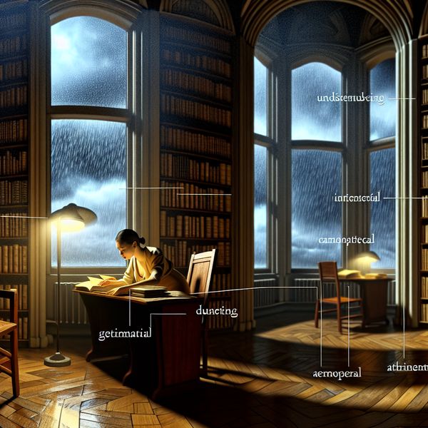 Surrealistisch studiemoment onder een voortdurende regen Vrouw die geconcentreerd studeert aan een groot bureau in een sfeervolle kamer met boekenplanken, terwijl het hard regent buiten.