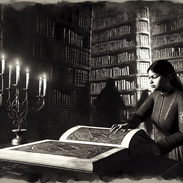 Vrouw die geconcentreerd een verlicht manuscript bestudeert in een gotische bibliotheek.