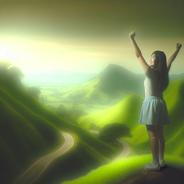 Triomferende vrouw op groene heuvel na succesvolle hike Een jonge vrouw staat triomfantelijk op de top van een groene heuvel, met opgeheven armen in een viering van haar succes na een lange hike.