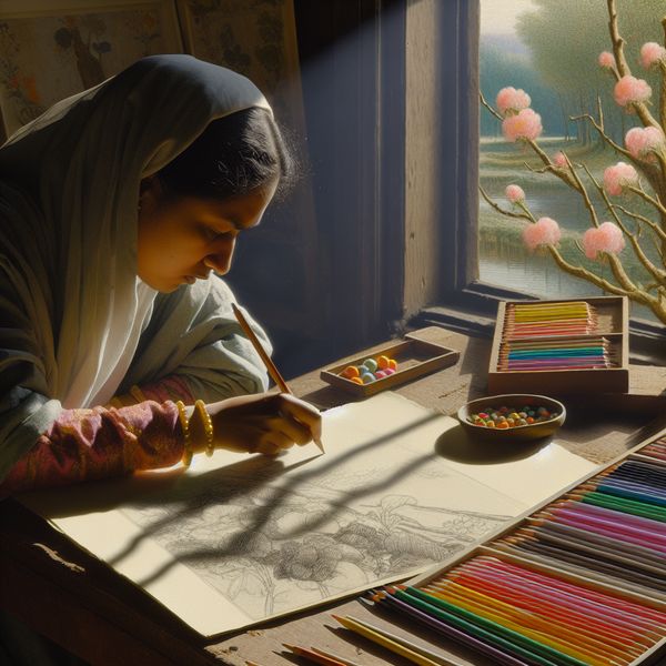 Vrouw tekent onder zonnig raam met kleurpotloden Vrouw die geconcentreerd een tekening maakt van bloemen en landschappen aan een houten tafel bij een zonovergoten raam, omringd door kleurpotloden en schetsboeken.