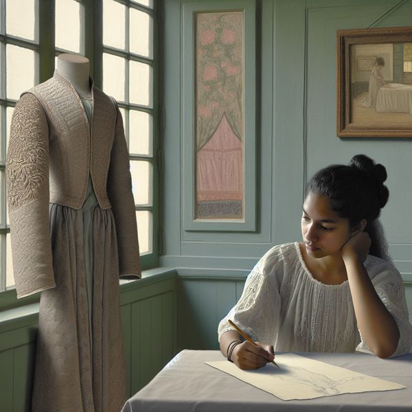 Inspiratie overnemen in modeontwerpen Jonge vrouw tekent aan een tafel terwijl ze kijkt naar een elegant kledingstuk van een beroemde ontwerper in een serene Nederlandse interieur.