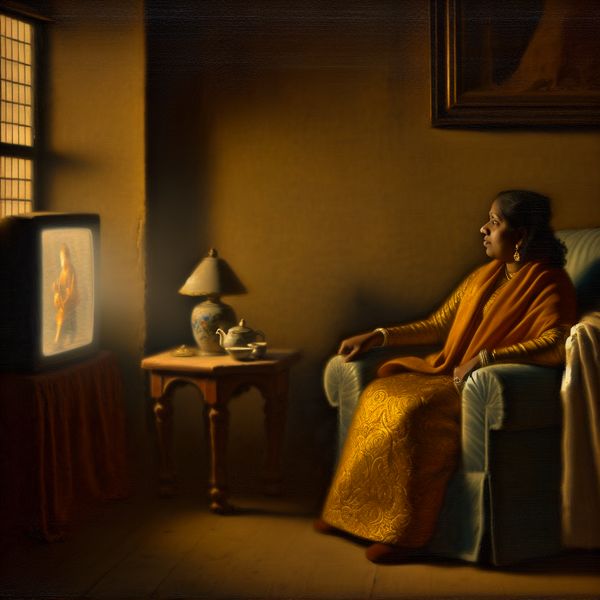 Een vrouw in een comfortabele stoel kijkt aandachtig naar het nieuws op televisie in een serene woonkamer.