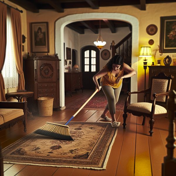 Een vrouw die de vloer veegt met een bezem in een luxe woonkamer
