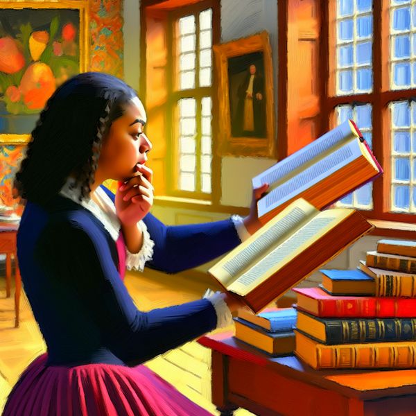 Jonge vrouw in een levendige woonkamer met een diepgaande blik, terwijl ze twee verschillende boeken vergelijkt.