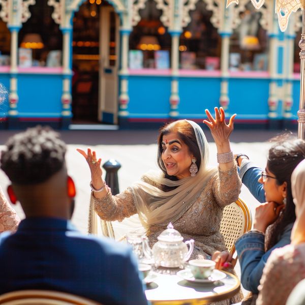 Vrouw vertelt verhalen in een café Elegantly dressed woman sharing stories at a café table with an engaged audience in a sunlit square