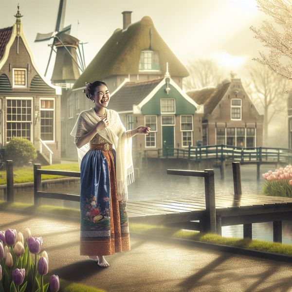 Vrouw deelt verhalen over haar cultuur in een Nederlands dorpsplein Een vrouw in een schilderachtig Nederlands dorpsplein deelt enthousiast verhalen over haar cultuur en erfgoed.
