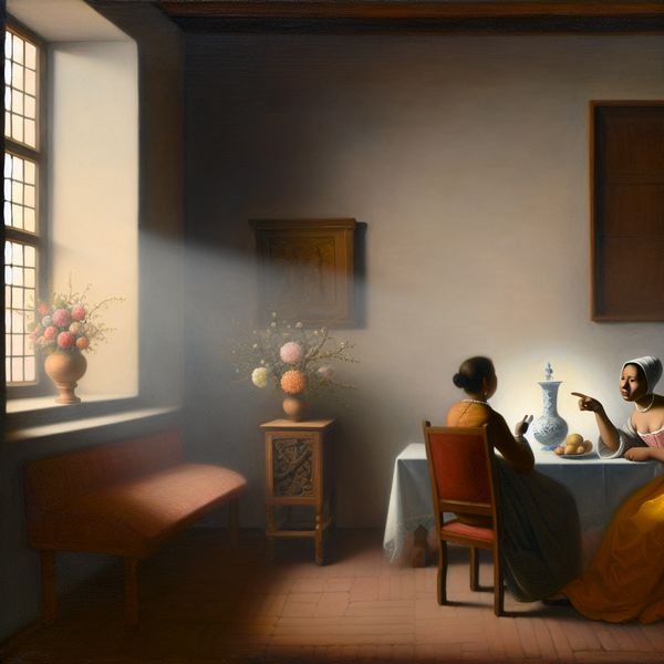 Vrouw Vermijdt Conflict in Rustige Kamer Een vrouw in een rustige kamer met diffuus licht, die een gesprek voert maar een bepaald onderwerp vermijdt.