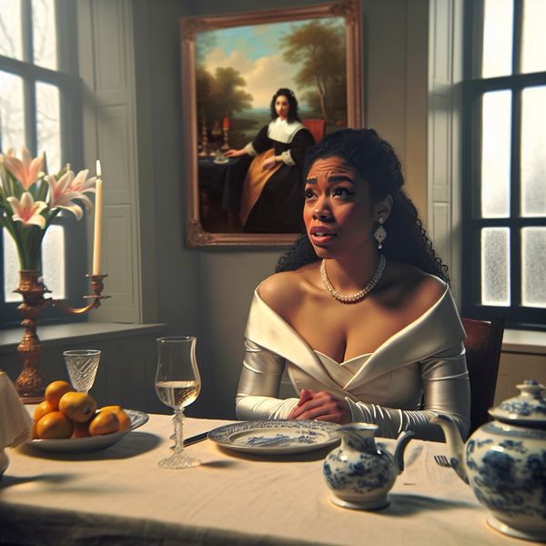 Een elegant geklede vrouw zit aan een prachtig gedekte eettafel, ze kijkt berouwvol terwijl ze met haar gast praat die verrast en begripvol lijkt.