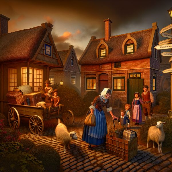 Schilderachtige dorp bij schemering in Anton Pieck stijl Een vrouw met een glimlach staat naast een charmant huisje, haar spullen in een vintage houten kar laadend, omringd door nieuwsgierige kinderen en dieren.