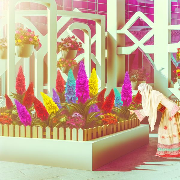 Vrouw die zich voorover buigt om kleurrijke bloemen in een stedelijke tuin te ruiken