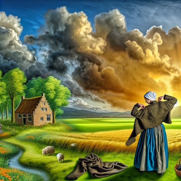 Vrouw in platteland die zich voorbereidt om naar buiten te gaan Vrouw die haar jas aantrekt in een weelderig platteland, met een dramatische lucht en een kleurrijke zonsondergang.