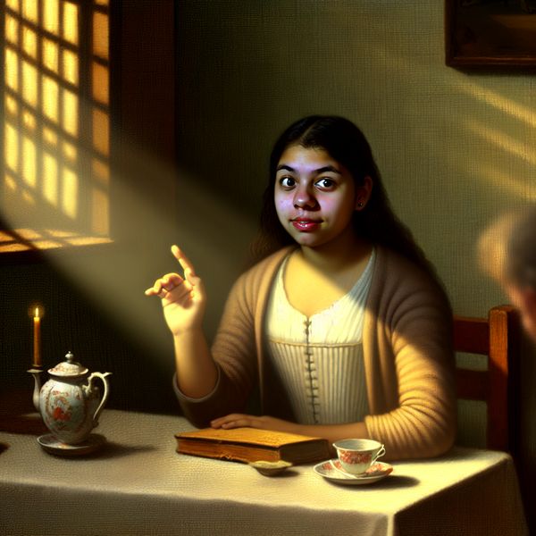 Vrouw vraagt om herhaling in Vermeer-stijl Jonge vrouw in Vermeer-stijl, zit aan tafel, met een uitdrukking van beleefde nieuwsgierigheid terwijl ze haar hand heft.
