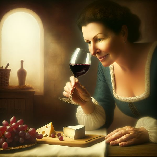 Vrouw proeft wijn in een Vermeer-achtige keuken Vrouw in een serene keuken proeft wijn en geniet van de aroma's met een kaasplank op de tafel.