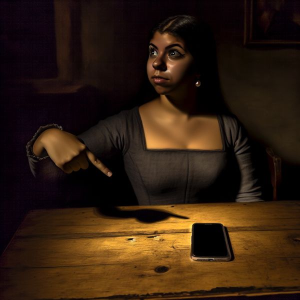 Een jonge vrouw in een donkere ruimte wijst naar een smartphone op een houten tafel
