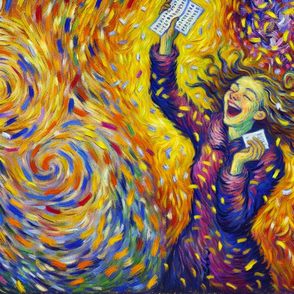 Vrouw die vreugdevol een winnend lot vasthoudt, omringd door kleurrijke abstracte patronen van feestelijkheid.
