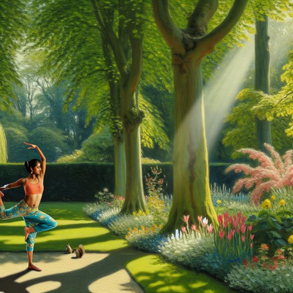 Vrouw die yoga oefent in een serene park vol groen en bloemen.