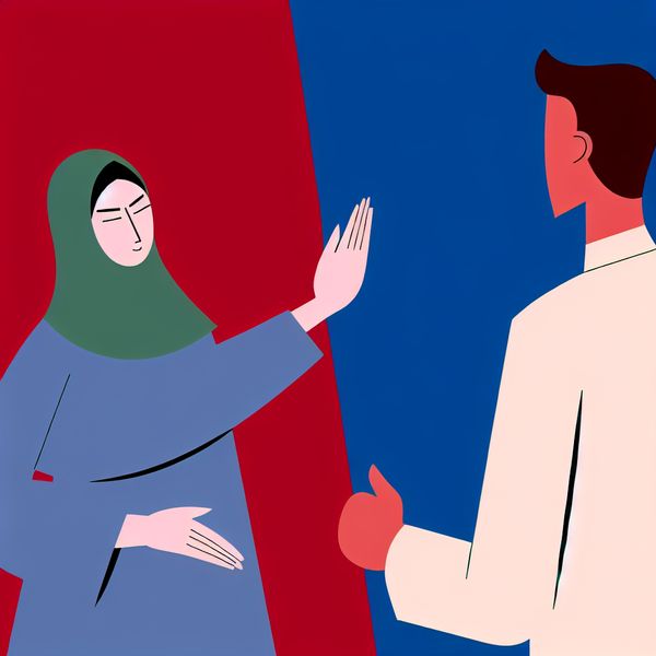Vrouw zegt nee illustratie Minimalistische illustratie van een vrouw die haar hoofd schudt als teken van afkeuring.