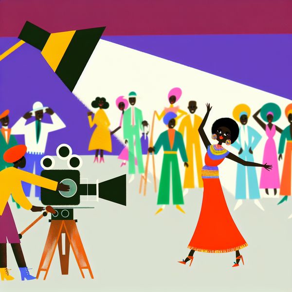 Vrouwelijke actrice op filmset illustratie voor taal leren Illustratie van een vrouwelijke actrice op een filmset, stralend en speels, met een filmcrew op de achtergrond