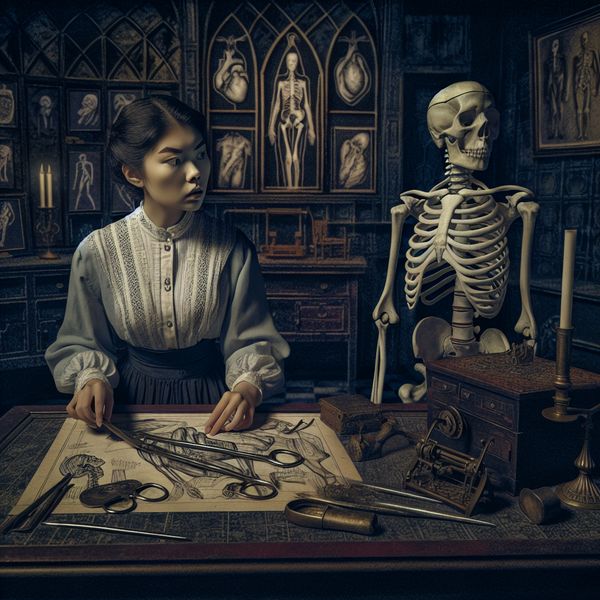 Jonge vrouw in 19e-eeuwse medische collegezaal bestudeert menselijk skelet om arts te worden, omgeven door anatomische tekeningen en medische instrumenten in donkere, gothic sfeer