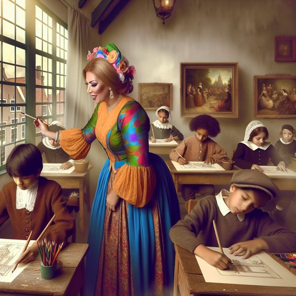 Vrouwenassistent in vintage klaslokaal met blije kinderen Ondersteunende vrouwelijke assistent in vintage klaslokaal helpt een kind met tekenen, omringd door blije kinderen die schilderen en lezen.