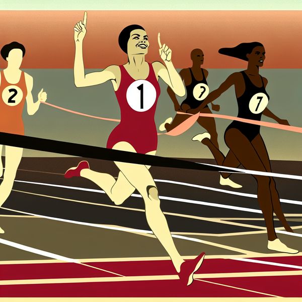 Eerste Plaats Vrouwelijke Atleet Retro-Futuristisch Een vrouwelijke atleet breekt triomfantelijk de finishlijn in een wedstrijd.