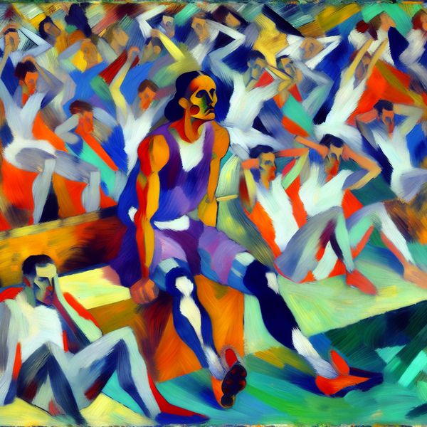 Vrouwelijke atleet aan de zijlijn van een wedstrijd Abstracte afbeelding van een vrouwelijke atleet aan de zijlijn van een sportwedstrijd, die er dejected en contemplatief uitziet.