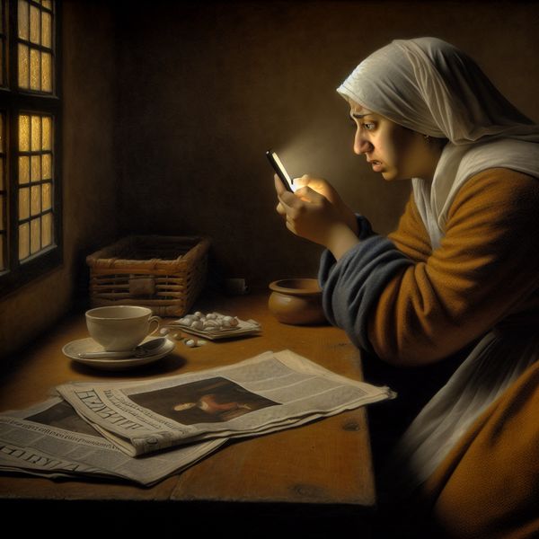 Vrouw leest bezorgd op smartphone in kamer in Vermeer-stijl