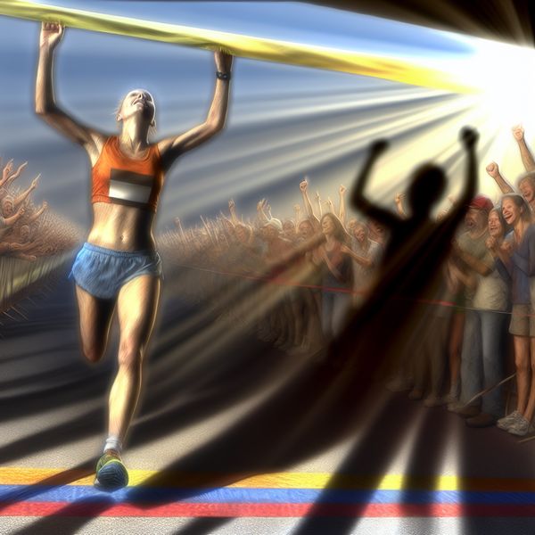 Vrouwelijke hardloper steekt de finishlijn over van een marathon met een blije gezichtsuitdrukking.