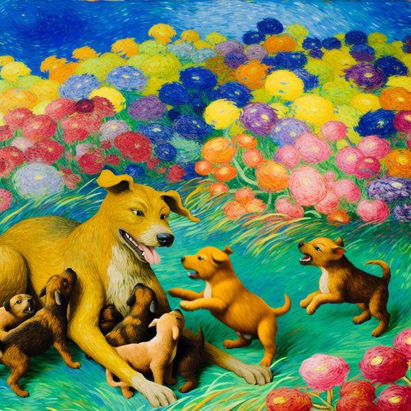 Lieve vrouwelijke hond met haar vrolijke puppy's in een bloeiende tuin Vrouwelijke hond zorgt liefdevol voor haar speelse pups in een kleurrijke tuin met bloemen.