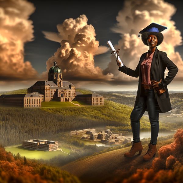 Vrouwelijke ingenieur met diploma en blauwdruk in dramatisch landschap Een trotse vrouwelijke engineer met een diploma en blauwdruk, naast een technische universiteit op een heuvel.