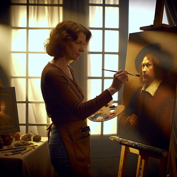 Een vrouwelijke kunstenaar schildert een portret in haar studio, omgeven door warm licht en schaduwen, met een palette in de hand.