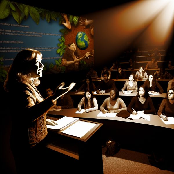 Inspirerende lezing over duurzaamheid door vrouwelijke lecturer Een vrouwelijke lecturer geeft een inspirerende lezing over duurzaamheid in een collegezaal met toegankelijke studenten.