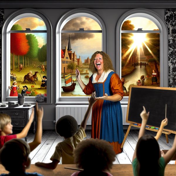 Vrouwelijke leraar en blije leerlingen in klaslokaal Klaslokaal waar een vrouwelijke leraar enthousiast lesgeeft aan blije kinderen.