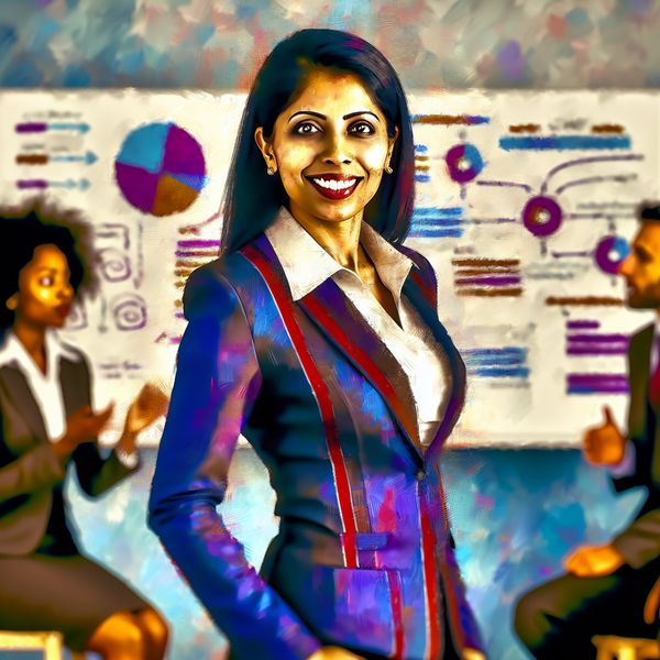 Vrouwen in Leiderschap: Zelfverzekerde Manager in Actie Portret van een zelfverzekerde vrouw in een zakelijke omgeving, gekleed in formele kleding, voor een whiteboard met diagrammen.